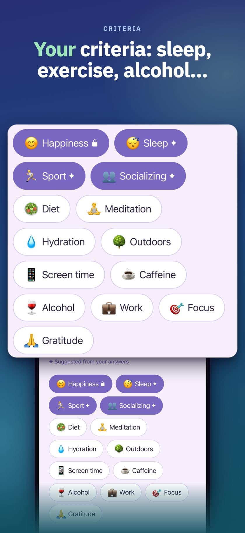 Criteria — Sleep, exercise, alcohol…: you choose what to track.